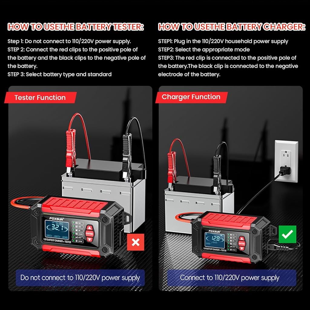 Verilux 2 in 1 Battery Tester & Battery Charger, Fully Automatic Battery Charger 6A 12V, Car Battery Charger & Maintainer- EU Plugfor Car, Motorcycle, Lawn Mower and More(Red) Verilux 2 in 1 Battery Tester & Battery Charger, Fully Automatic Battery Charger 6A 12V, Car Battery Charger & Maintainer- EU Plugfor Car, Motorcycle, Lawn Mower and More(Red)